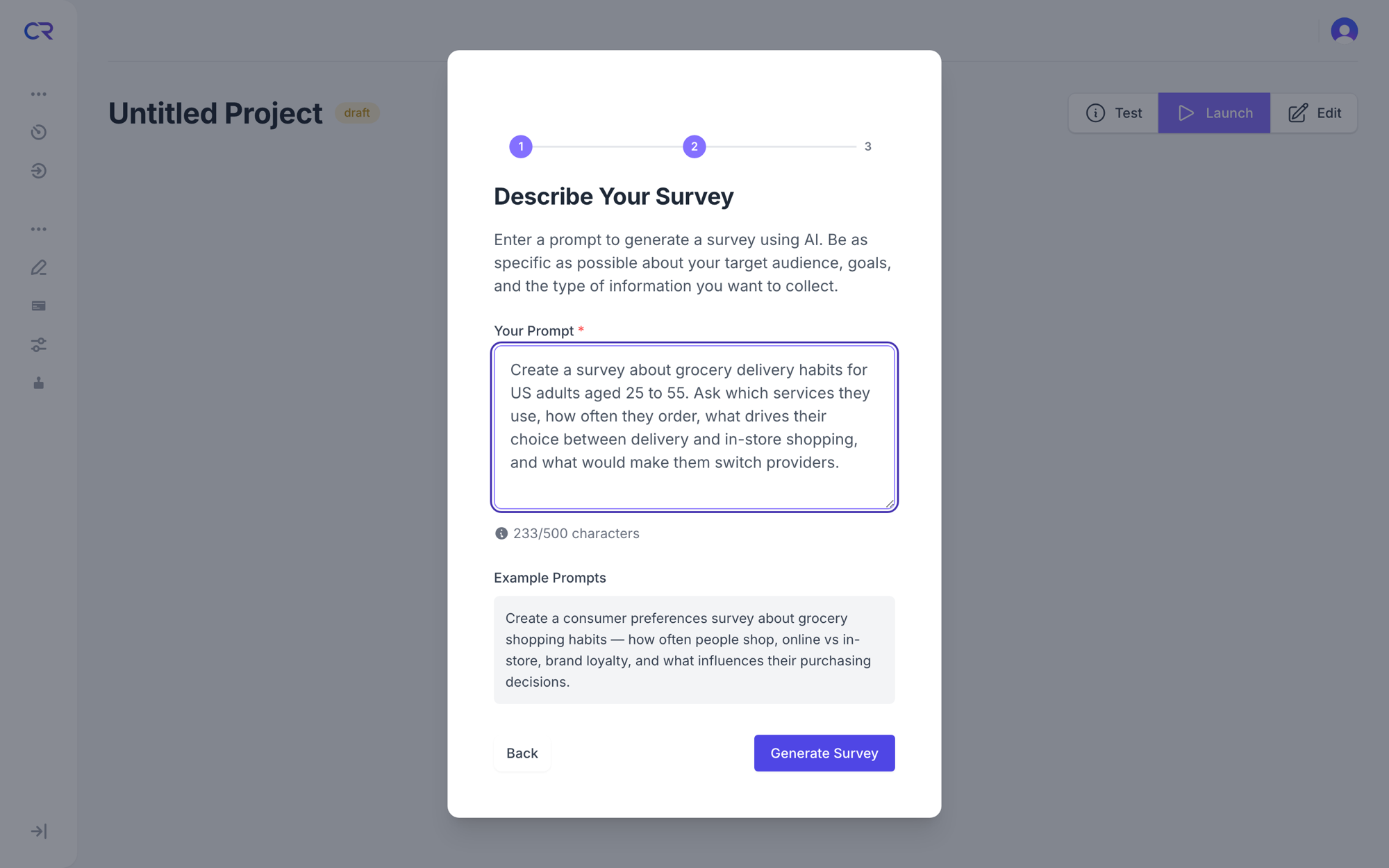 Chorus Research AI survey generation: describing a research goal in plain language