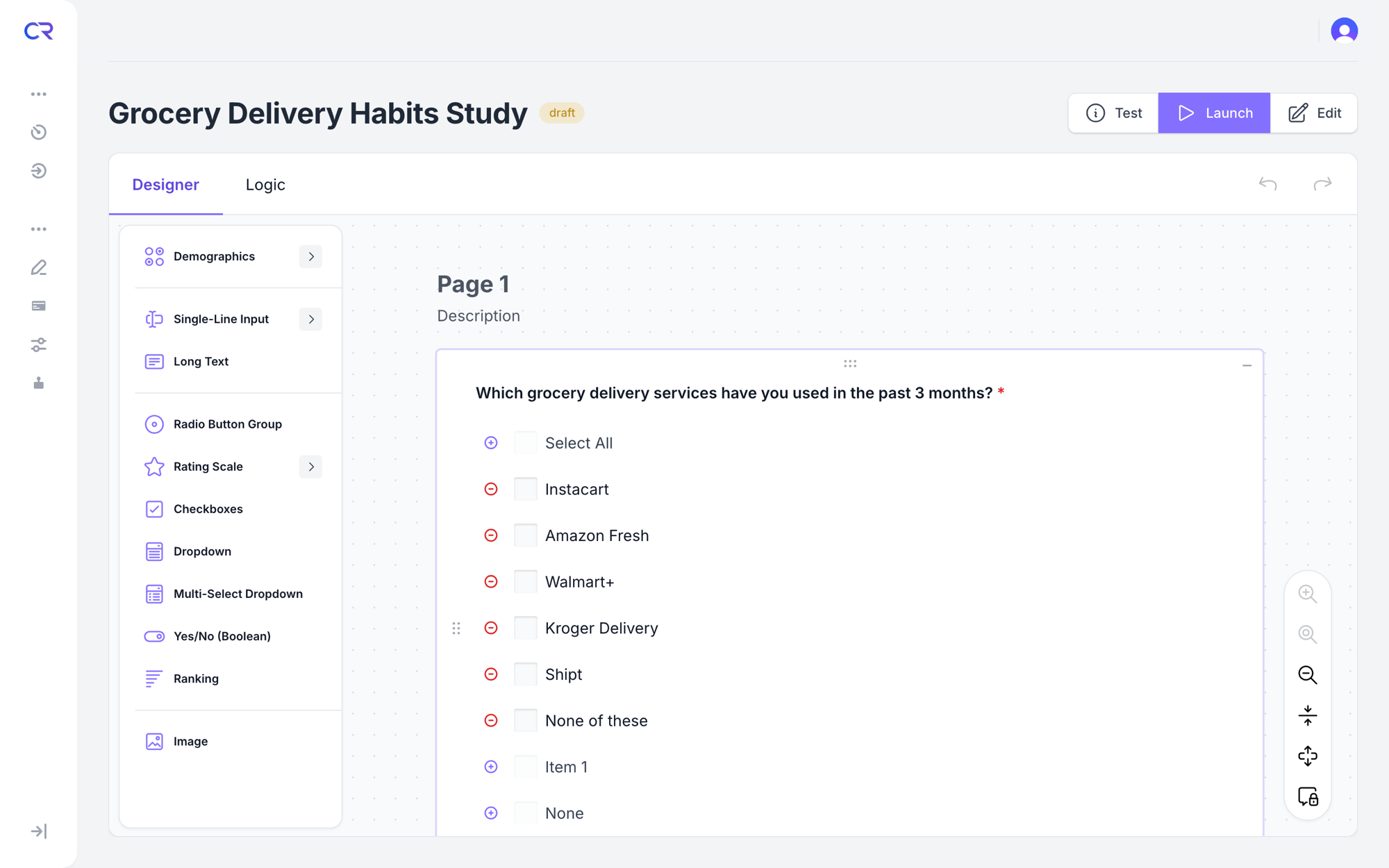 Chorus Research survey editor showing a generated grocery delivery habits study